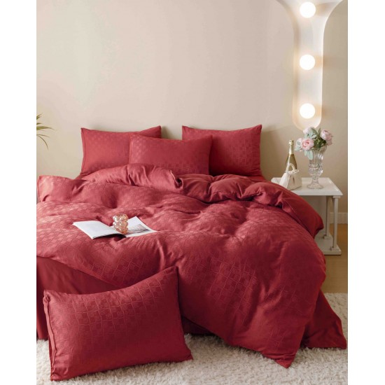 Set Lenjerie de Pat, Bumbac Tip Jacquard Finetat, 6 Piese, Rosu, LDJ-013 Lenjerii Jacquard cu Finet