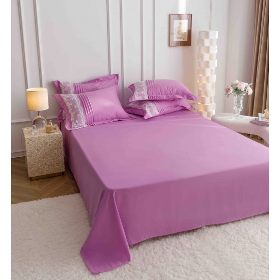 Lenjerie pat dublu finet 6 piese cu pliuri, inimioare și broderie-lila, LIB-026 Lenjerii cu Pliuri