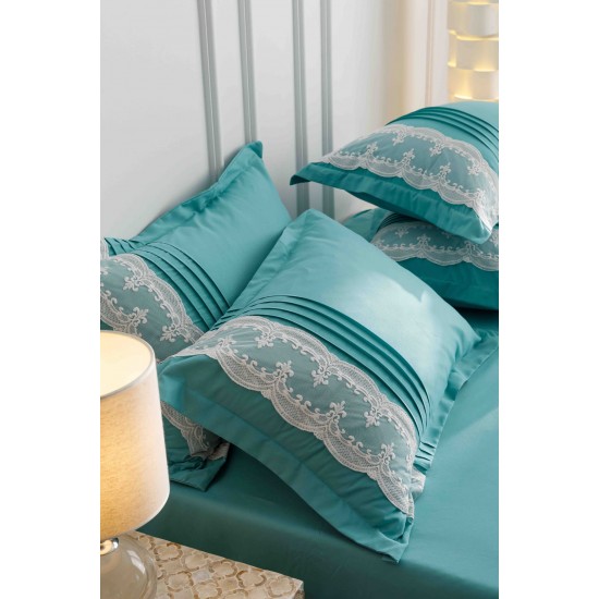 Lenjerie pat dublu finet 6 piese cu pliuri, inimioare și broderie-verde menta, LIB-023 Lenjerii cu Pliuri