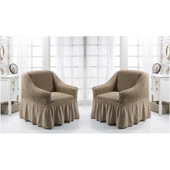 Set 2 huse elastice si creponate pentru fotolii, cu volanas, Bej, HFC-019 Huse Fotolii Creponat cu Volane