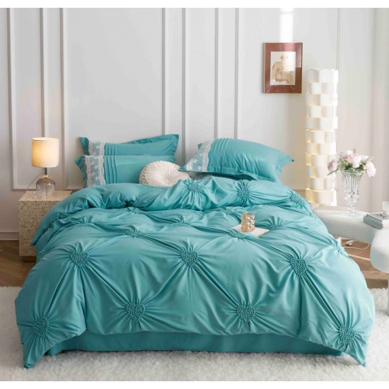 Lenjerie pat dublu finet 6 piese cu pliuri, inimioare și broderie-verde menta, LIB-023 Lenjerii cu Pliuri