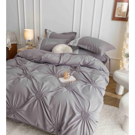 Lenjerie pat dublu finet 6 piese cu pliuri, inimioare și broderie-gri, LIB-022 Lenjerii cu Pliuri