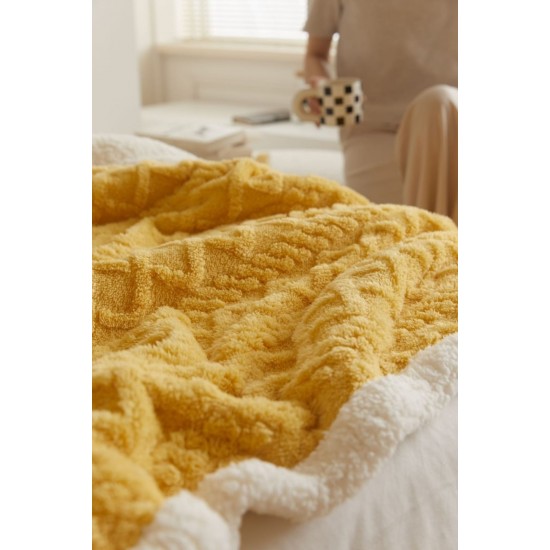 Patura Cocolino cu Blanita, Model Tricotat, Pat 2 Persoane, 200x230 cm, Galben, PCT-006 Patura cu Blanita tip Tricotaj