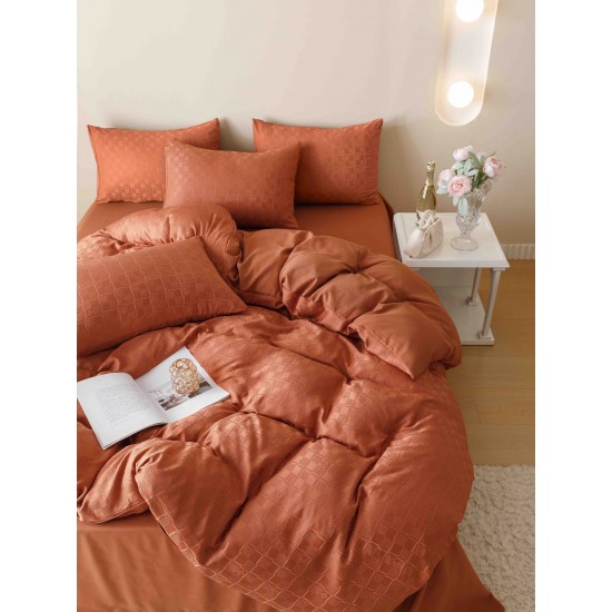 Set Lenjerie de Pat, Bumbac Tip Jacquard Finetat, 6 Piese, Caramiziu, LDJ-004 Lenjerii Jacquard cu Finet