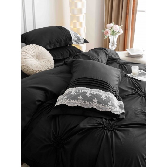 Lenjerie pat dublu finet 6 piese cu pliuri, inimioare și broderie-negru, LIB-018 Lenjerii cu Pliuri