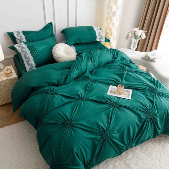 Lenjerie pat dublu finet 6 piese cu pliuri, inimioare și broderie-verde smarald, LIB-029 Lenjerii cu Pliuri