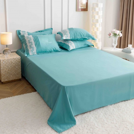 Lenjerie pat dublu finet 6 piese cu pliuri, inimioare și broderie-verde menta, LIB-023 Lenjerii cu Pliuri