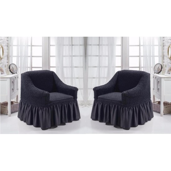 Set 2 huse elastice si creponate pentru fotolii, cu volanas, Negru, HFC-011 Huse Fotolii Creponat cu Volane