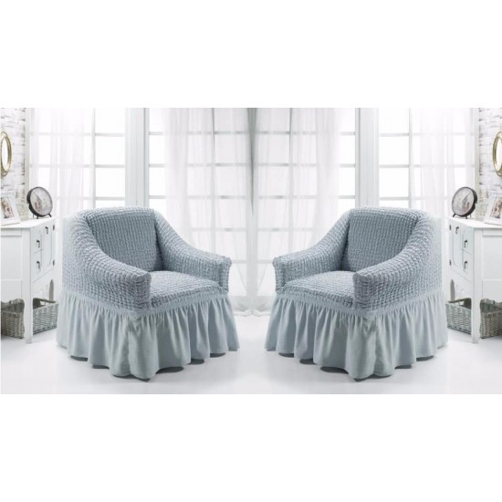 Set 2 huse elastice si creponate pentru fotolii, cu volanas, Gri deschis, HFC-008 Huse Fotolii Creponat cu Volane