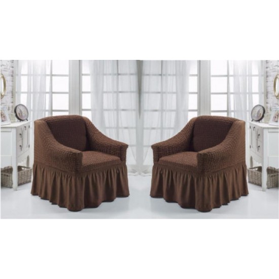 Set 2 huse elastice si creponate pentru fotolii, cu volanas, Maro inchis, HFC-004 Huse Fotolii Creponat cu Volane