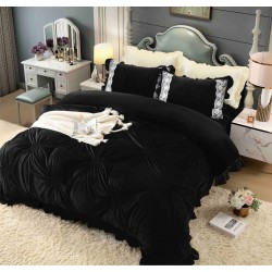 Set Lenjerie de Pat din Catifea, Cu Broderie, 4 Piese, Pat 2 Persoane, Negru, LCI-047