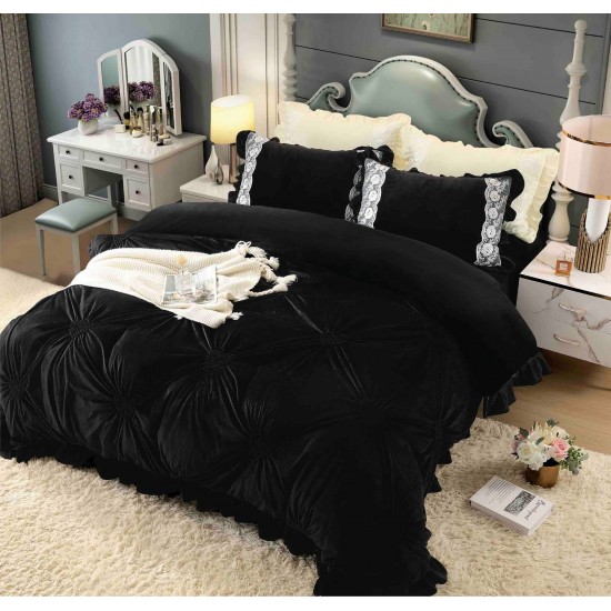 Set Lenjerie de Pat din Catifea, Cu Broderie, 4 Piese, Pat 2 Persoane, Negru, LCI-047 Lenjerii Catifea 4 piese