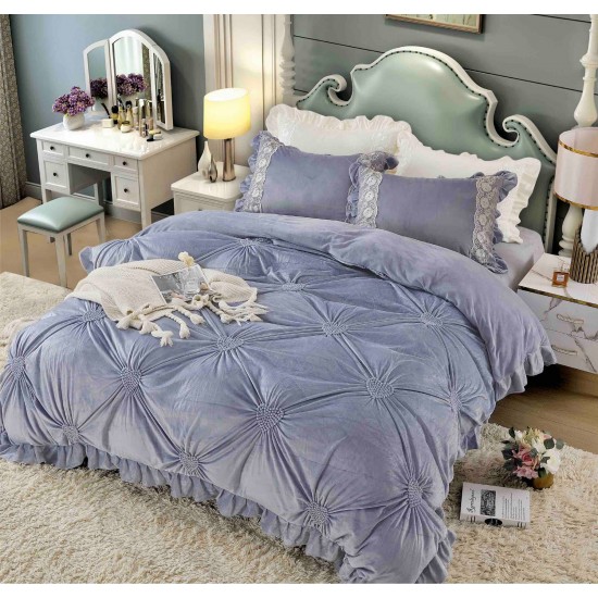 Set Lenjerie de Pat din Catifea, Cu Broderie, 4 Piese, Pat 2 Persoane, Gri Petrol, LCI-054 Lenjerii Catifea 4 piese