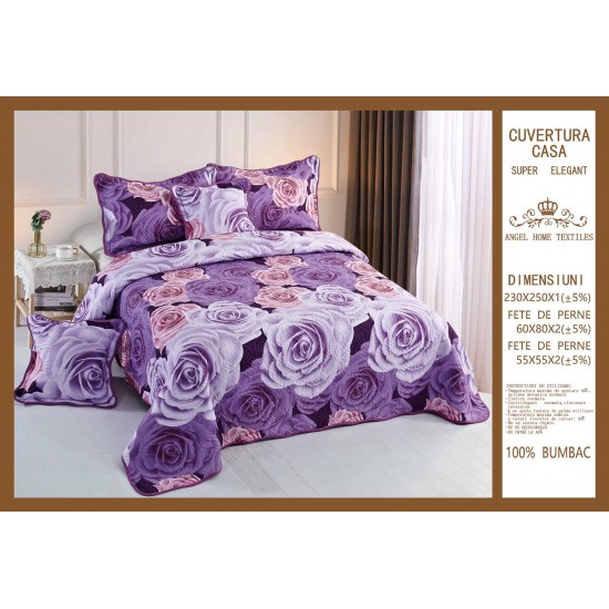 Cuvertura pat dublu din Bumbac Finet, 5 pierse, Mov-Lila, flori, ESC-115 Cuverturi 5 piese